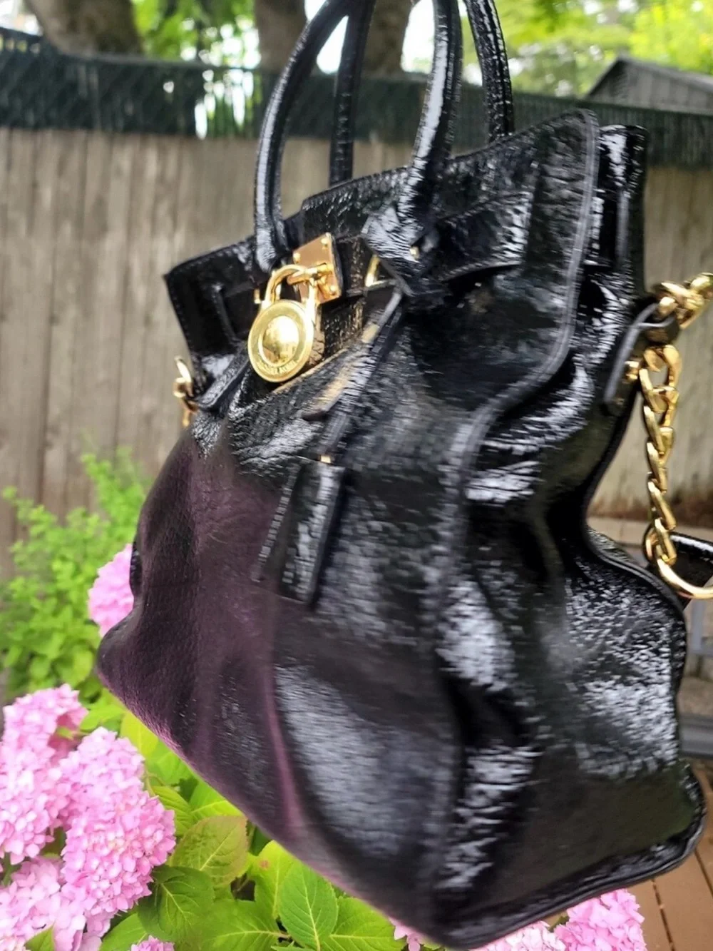 Michael Kors Black Patent Satchel with Gold Hardware